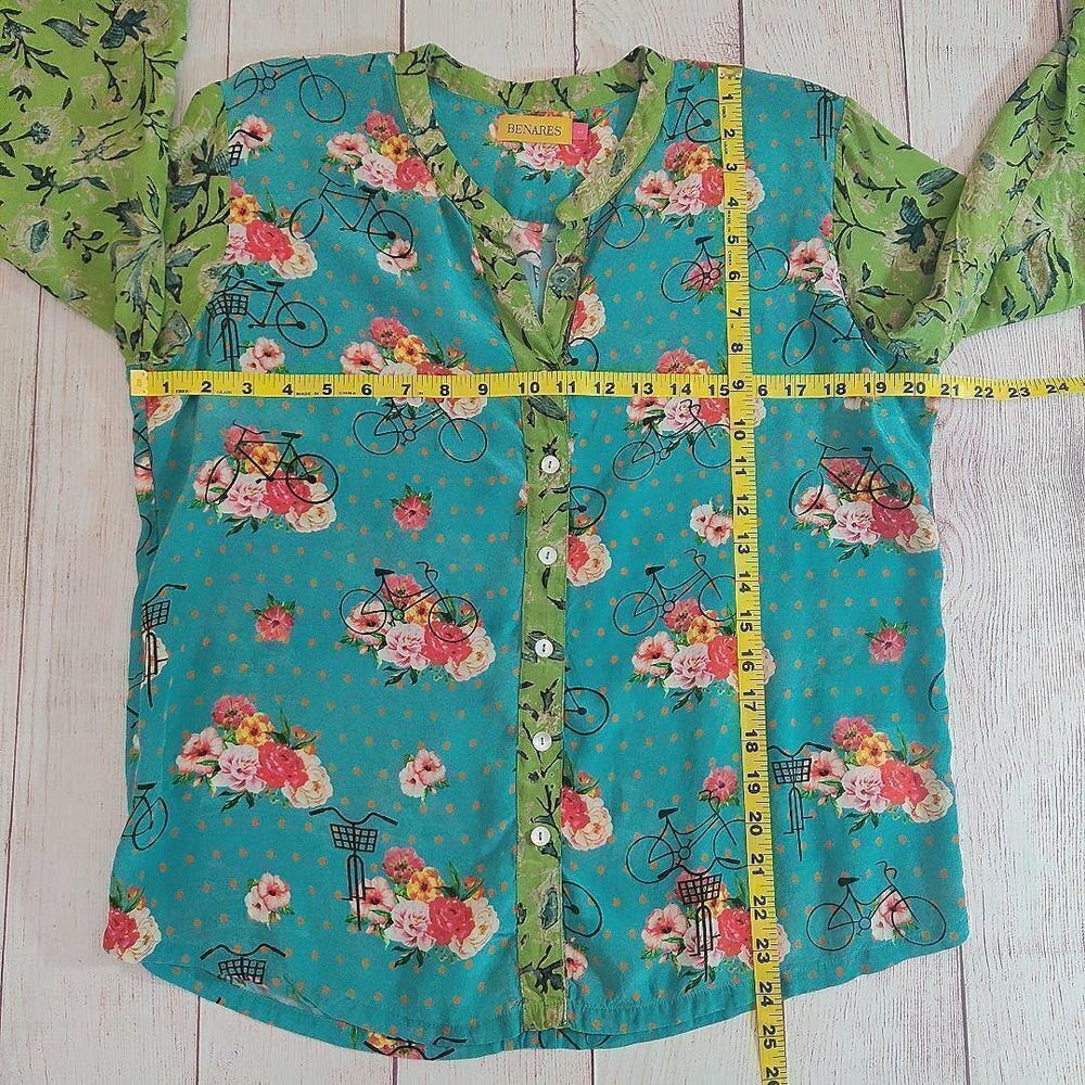 Benares bicycle floral split V-neck button front blouse sz L - Picture 6 of 8